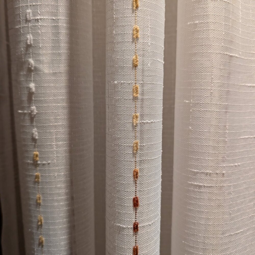 Curtain - White Sheer - Vertical Stripes - Rust Gradient Hairball Embroidery